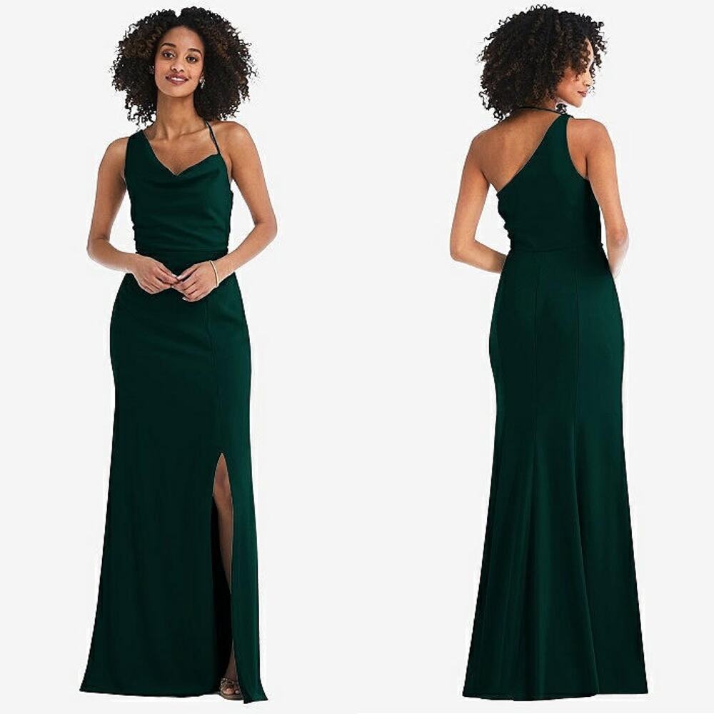NWT AFTER SIX 6849 ONE-SHOULDER DRAPED‎ COWL NECK MAXI DRESS Evergreen 12